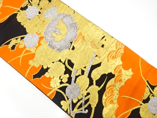 JAPANESE KIMONO / ANTIQUE FUKURO OBI / SILK / WOVEN FLORAL CART